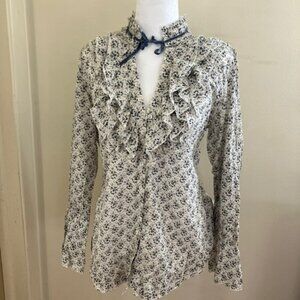 Anthropologie Western/Prairie Style Blue and White Ruffled Blouse